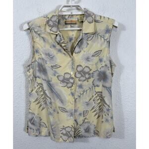 Bobby Chan Top Womens Size M Yellow Silk Sleeveless‎ Button Up Hawaiian